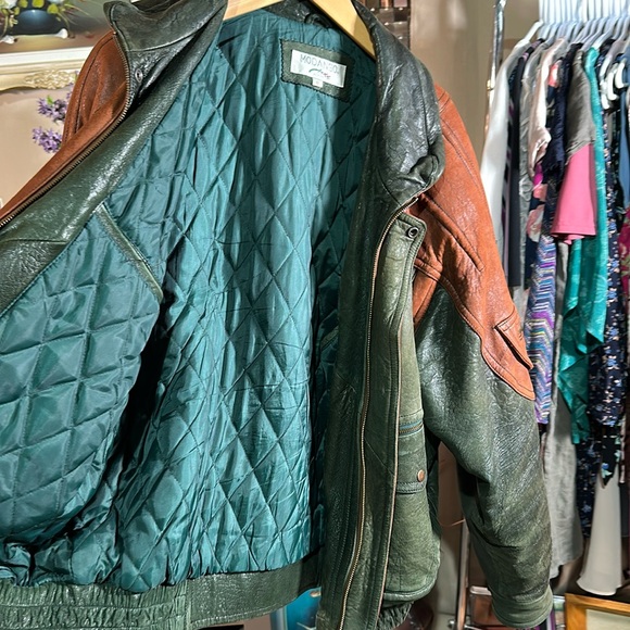 Vintage 80s Modango Brown & Green Leather Bomber Jacket w Shoulder Pads Size XL - Picture 7 of 17